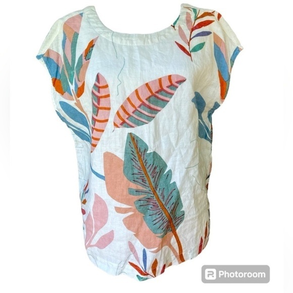 Cynthia Rowley Tops - Cynthia Rowley 100% Linen Leaf Button Back Short Sleeve Top Shirt size Small